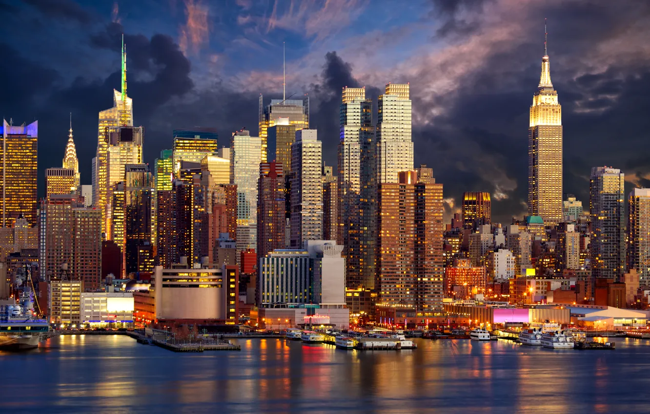 Photo wallpaper night, lights, coast, New York, skyscrapers, USA, Manhattan, piers