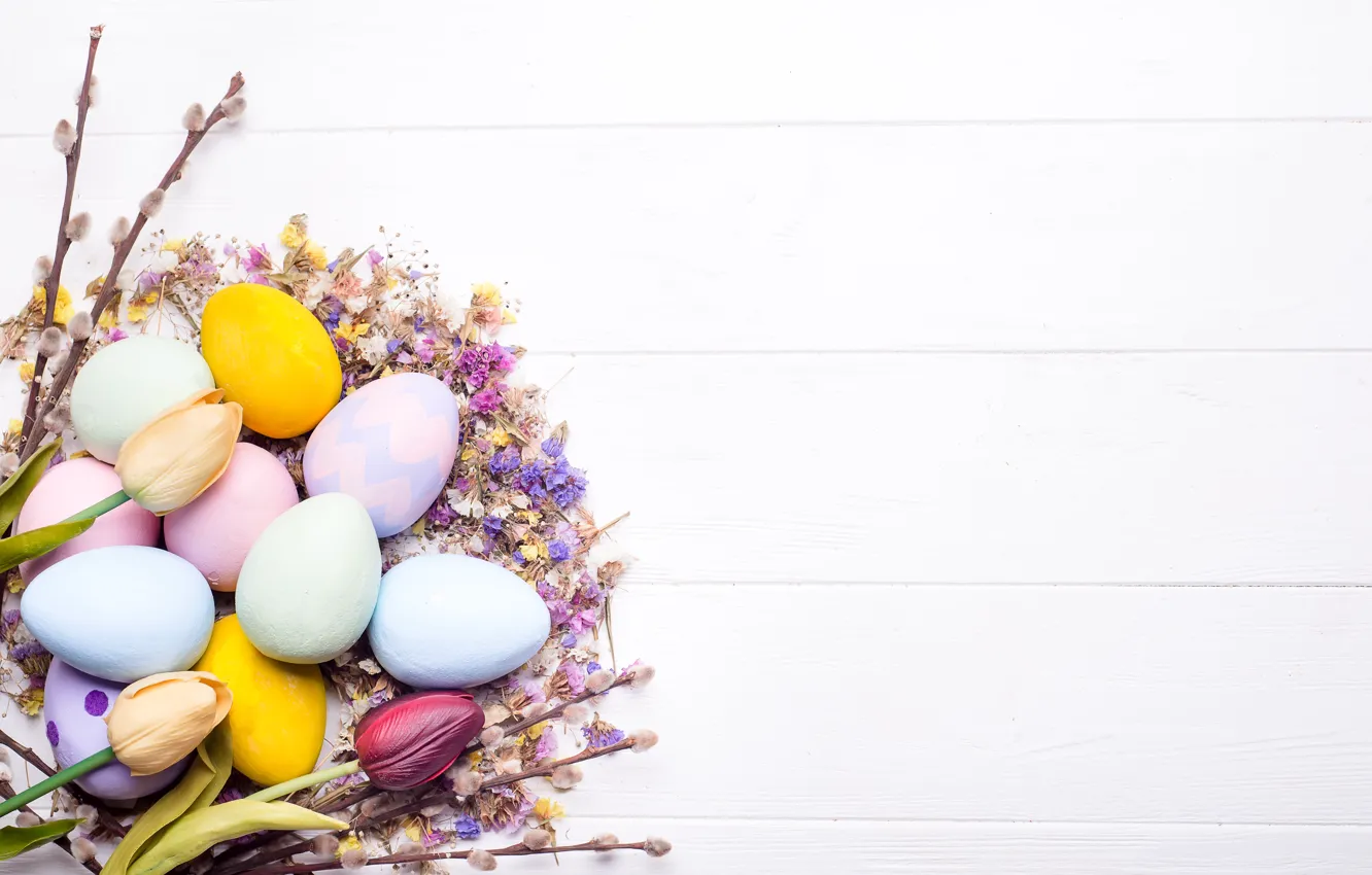 Photo wallpaper flowers, eggs, Easter, happy, wood, flowers, eggs, easter