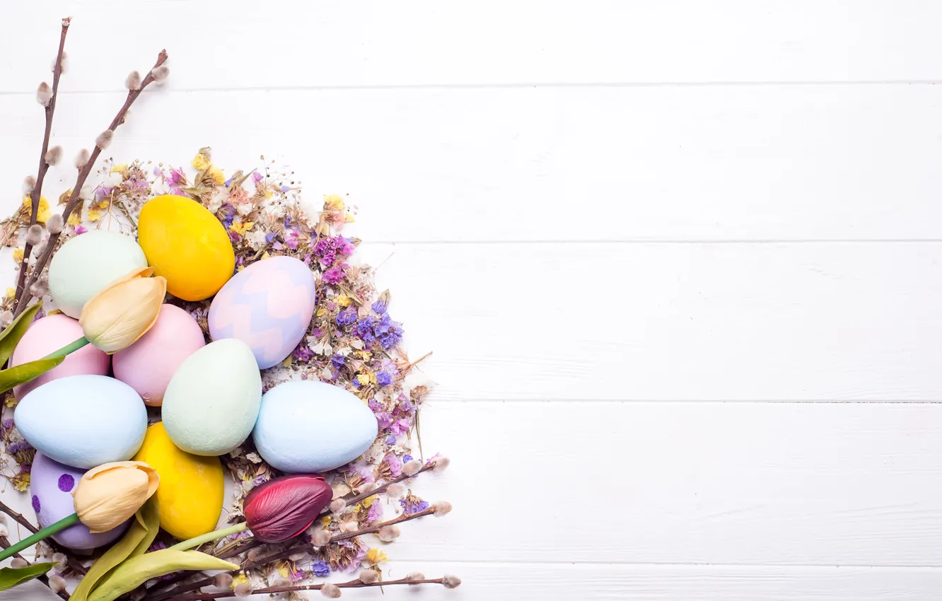 Photo wallpaper flowers, eggs, Easter, wood, flowers, Easter, eggs, decoration