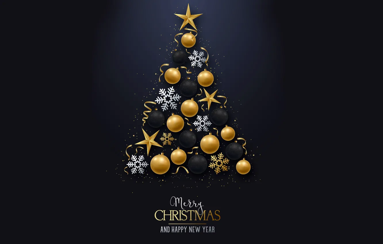 Photo wallpaper decoration, snowflakes, balls, tree, new year, Christmas, golden, black background