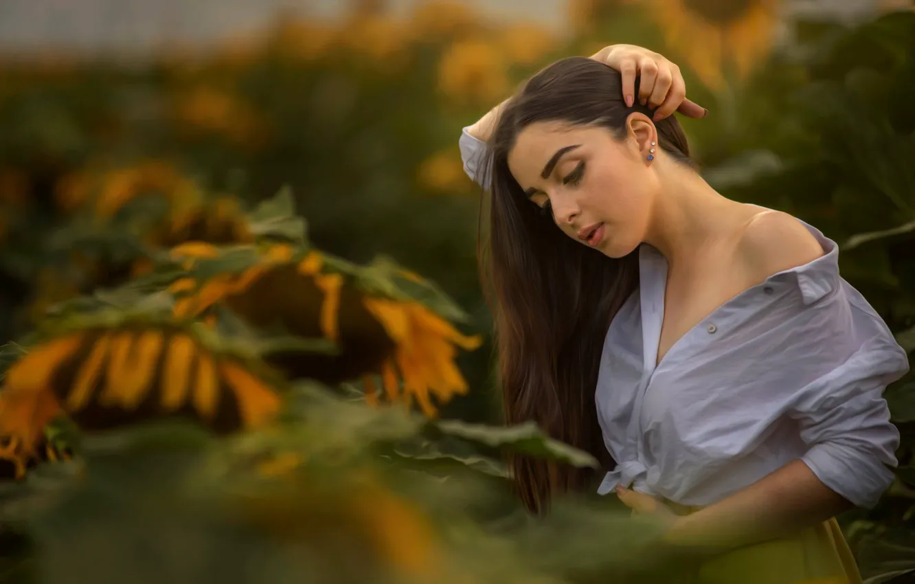 Photo wallpaper girl, sunflowers, pose, hands, shoulder, bokeh, Alex Darash, Light Mishiev Was
