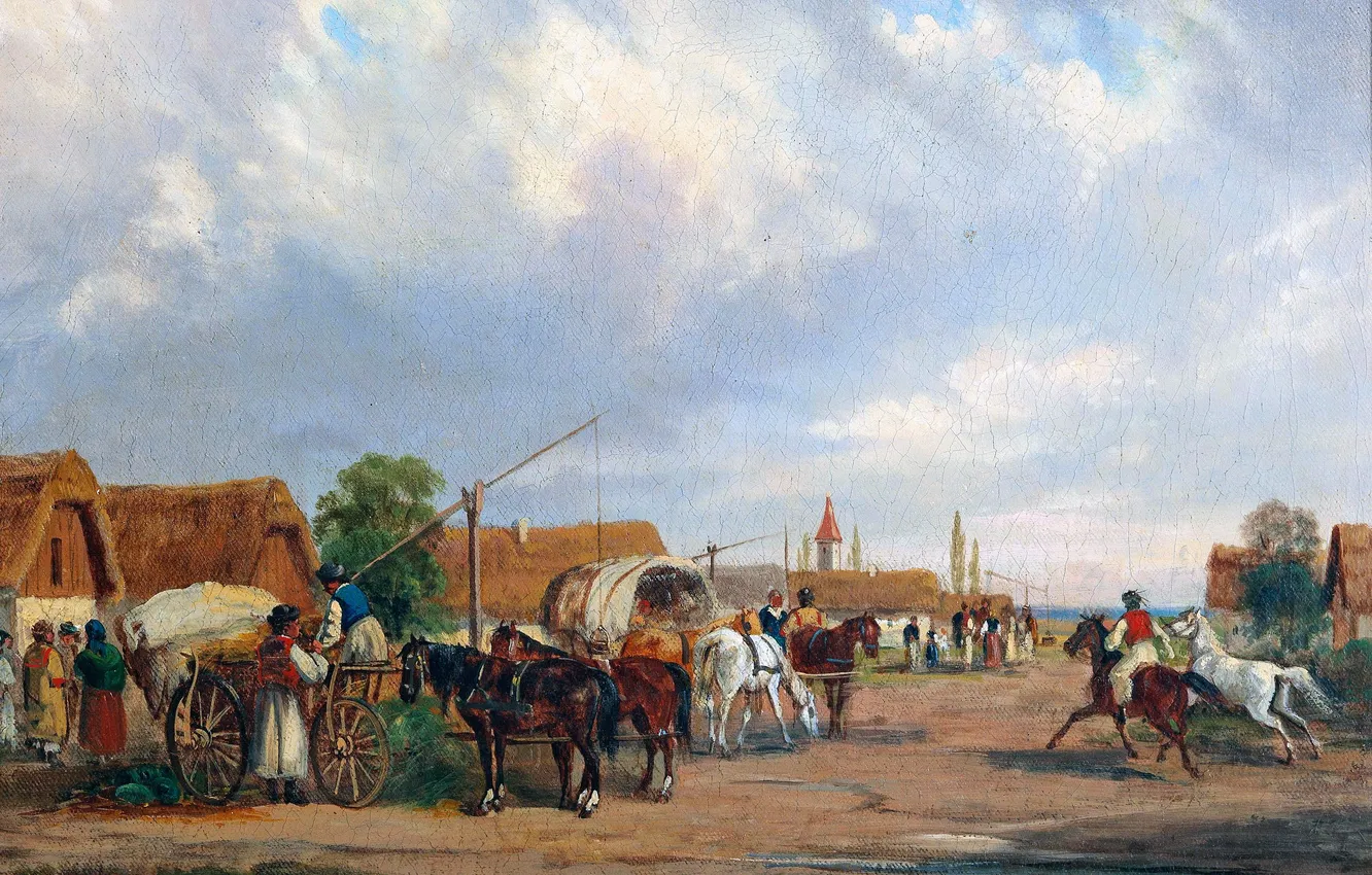 Photo wallpaper horse, people, home, picture, wagon, Alfred Steinaker, Alfred Steinacker, Hungarian-Austrian artist