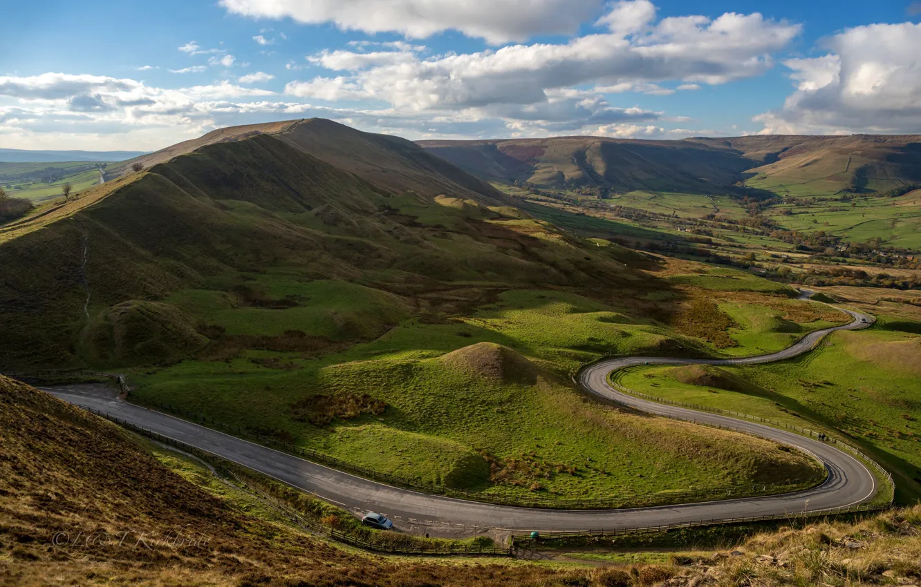Photo wallpaper road, field, the sky, the sun, clouds, hills, landscape, England