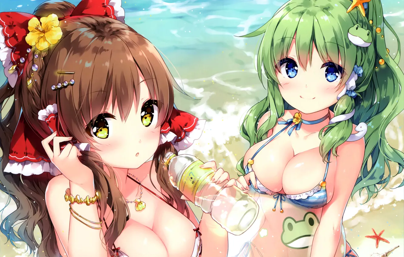 Photo wallpaper sexy, cleavage, beach, long hair, touhou, sea, girls, brown hair