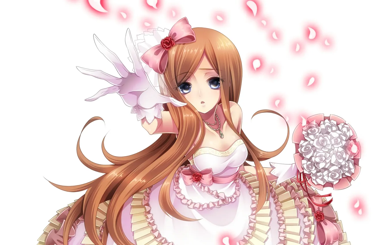 Photo wallpaper look, girl, flowers, surprise, petals, dress, gesture, art