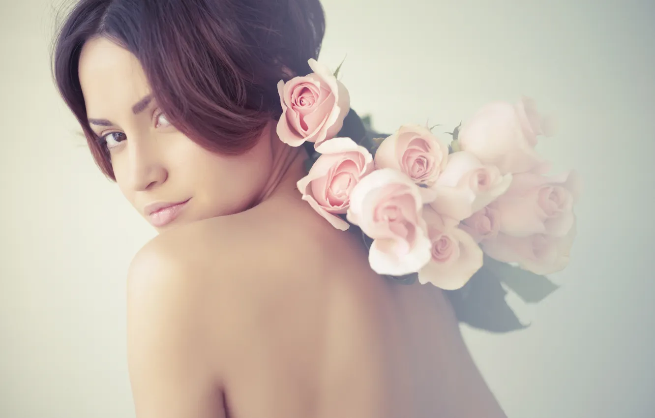 Photo wallpaper girl, flowers, face, hairstyle, girl, flowers, face, hair