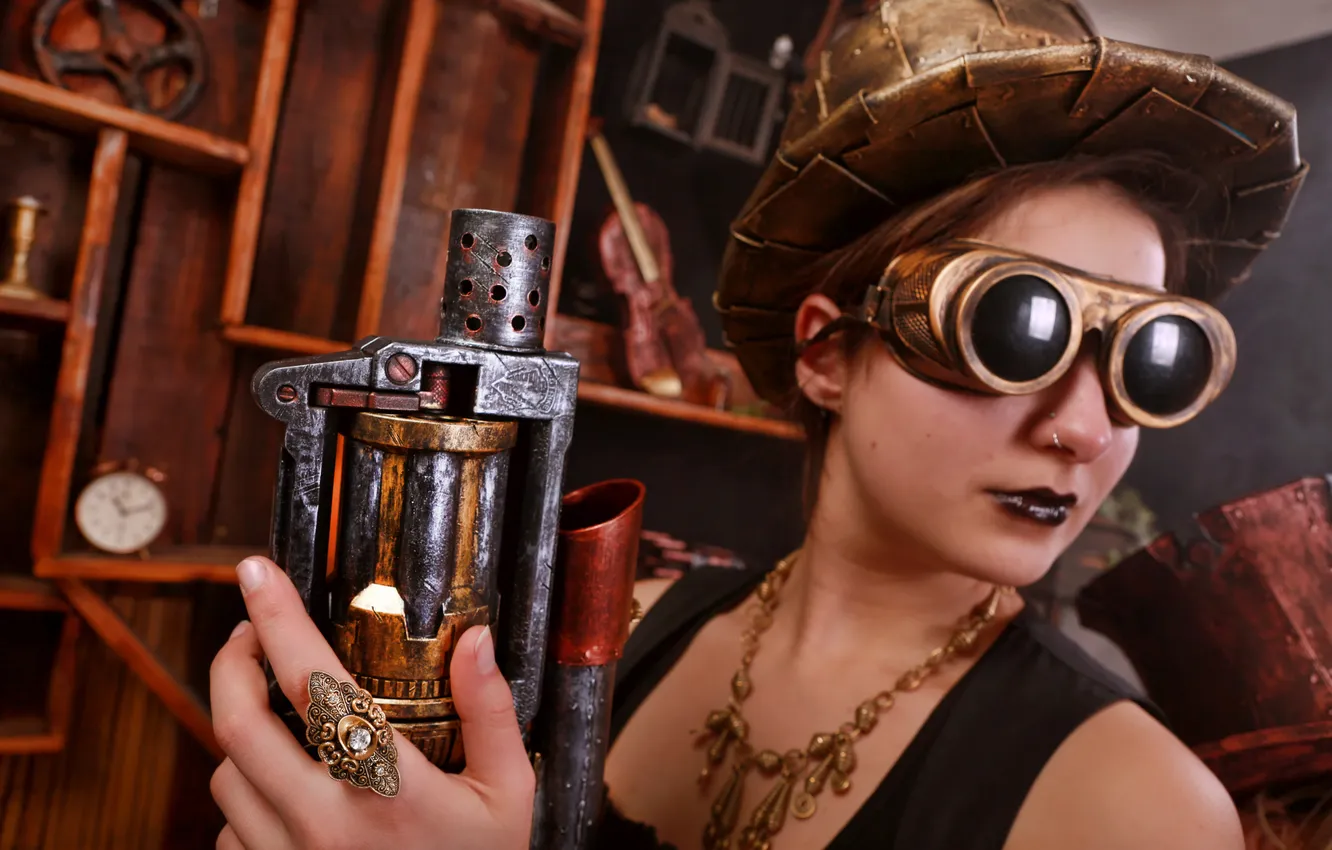 Photo wallpaper girl, weapons, glasses, hat