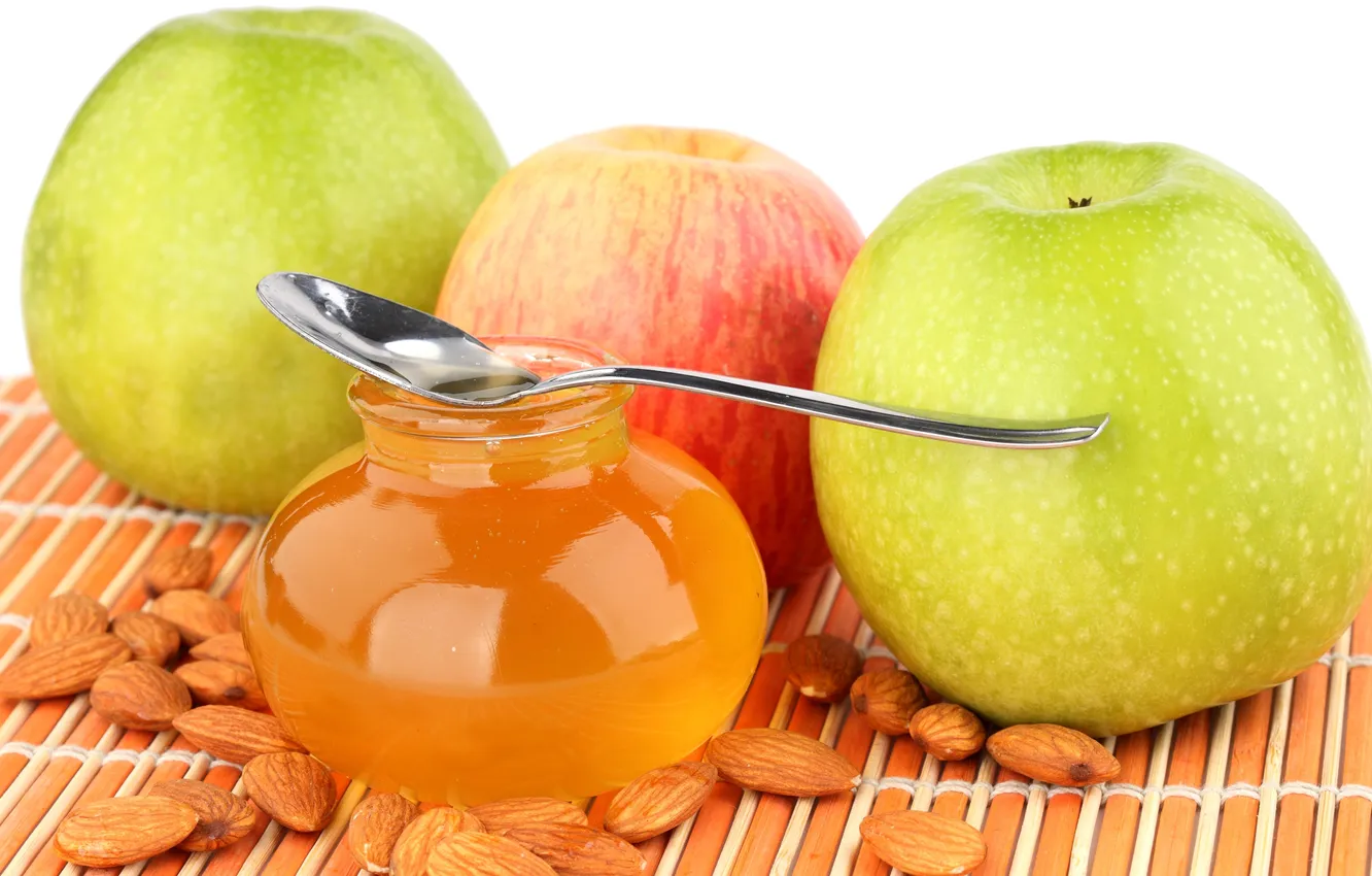 Photo wallpaper apples, honey, spoon, Bank, honey, almonds