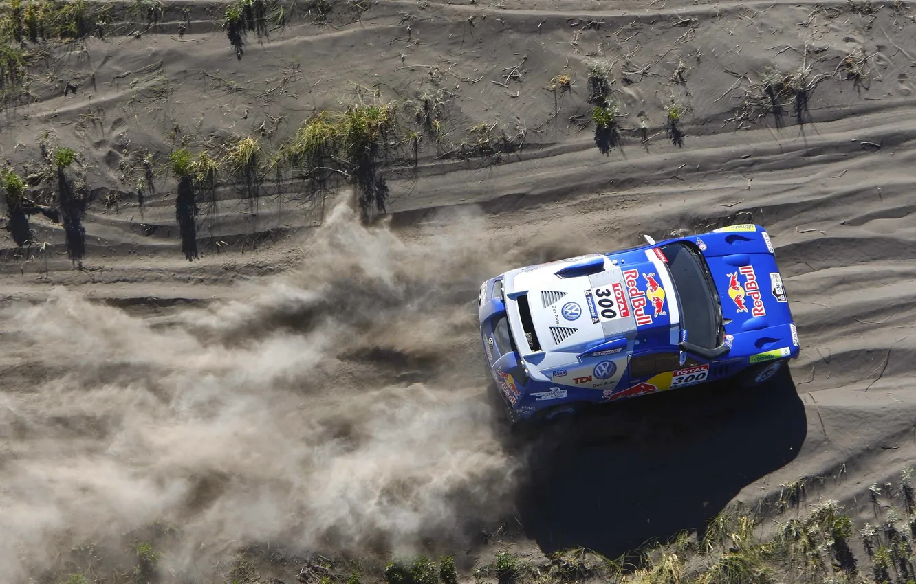 Photo wallpaper sand, blue, sport, Volkswagen, The hood, Red Bull, the view from the top, Touareg