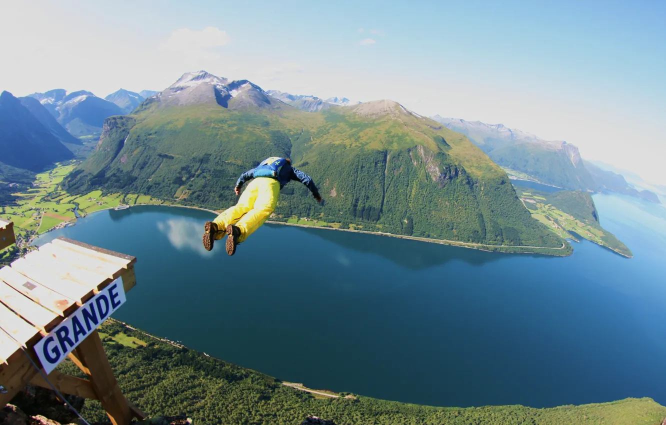 Photo wallpaper flight, parachute, container, rock, tracking, the fjord, extreme sports, jump