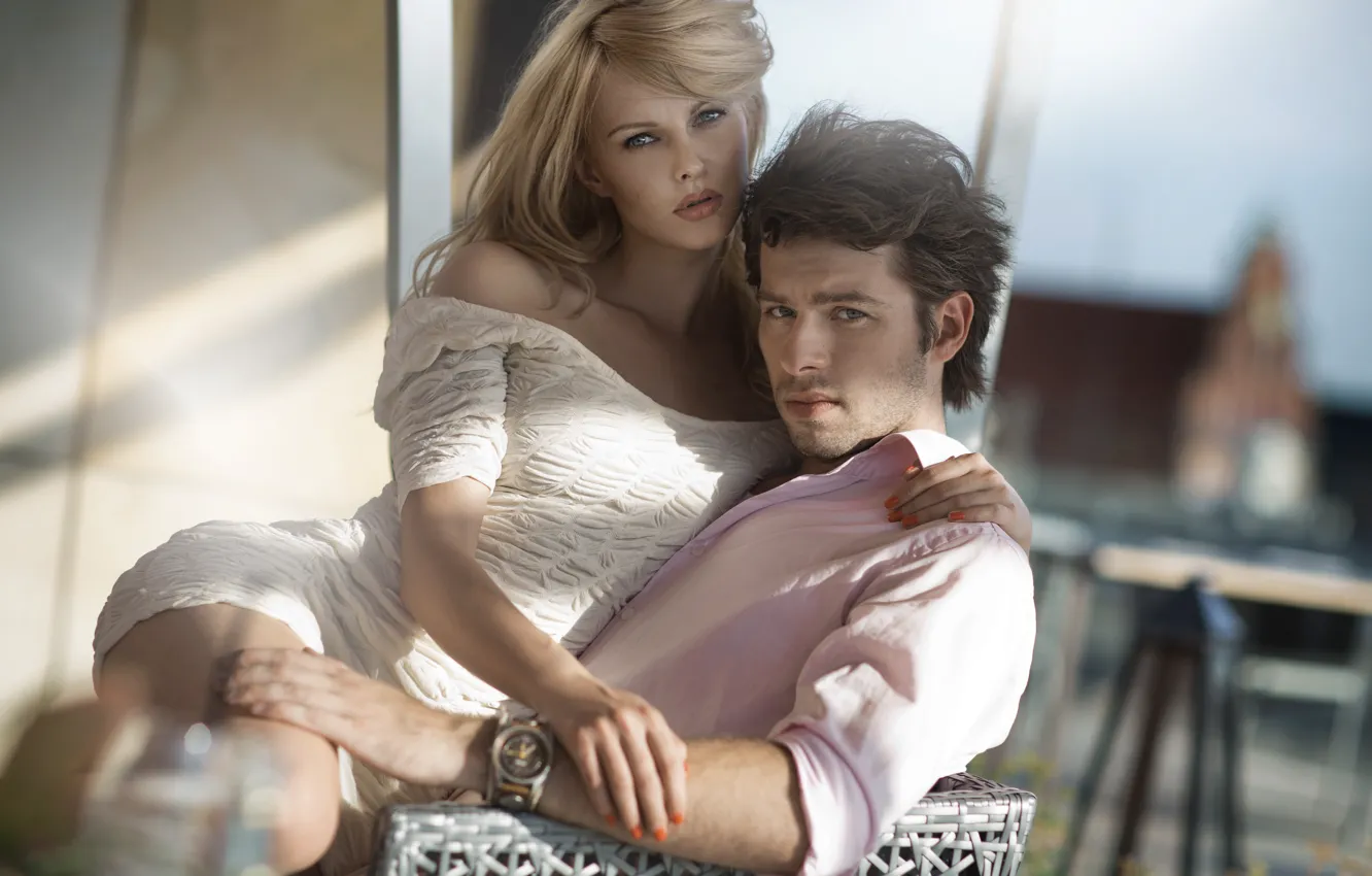 Photo wallpaper look, girl, the proximity, blonde, pair, guy, Sunny day, marigolds