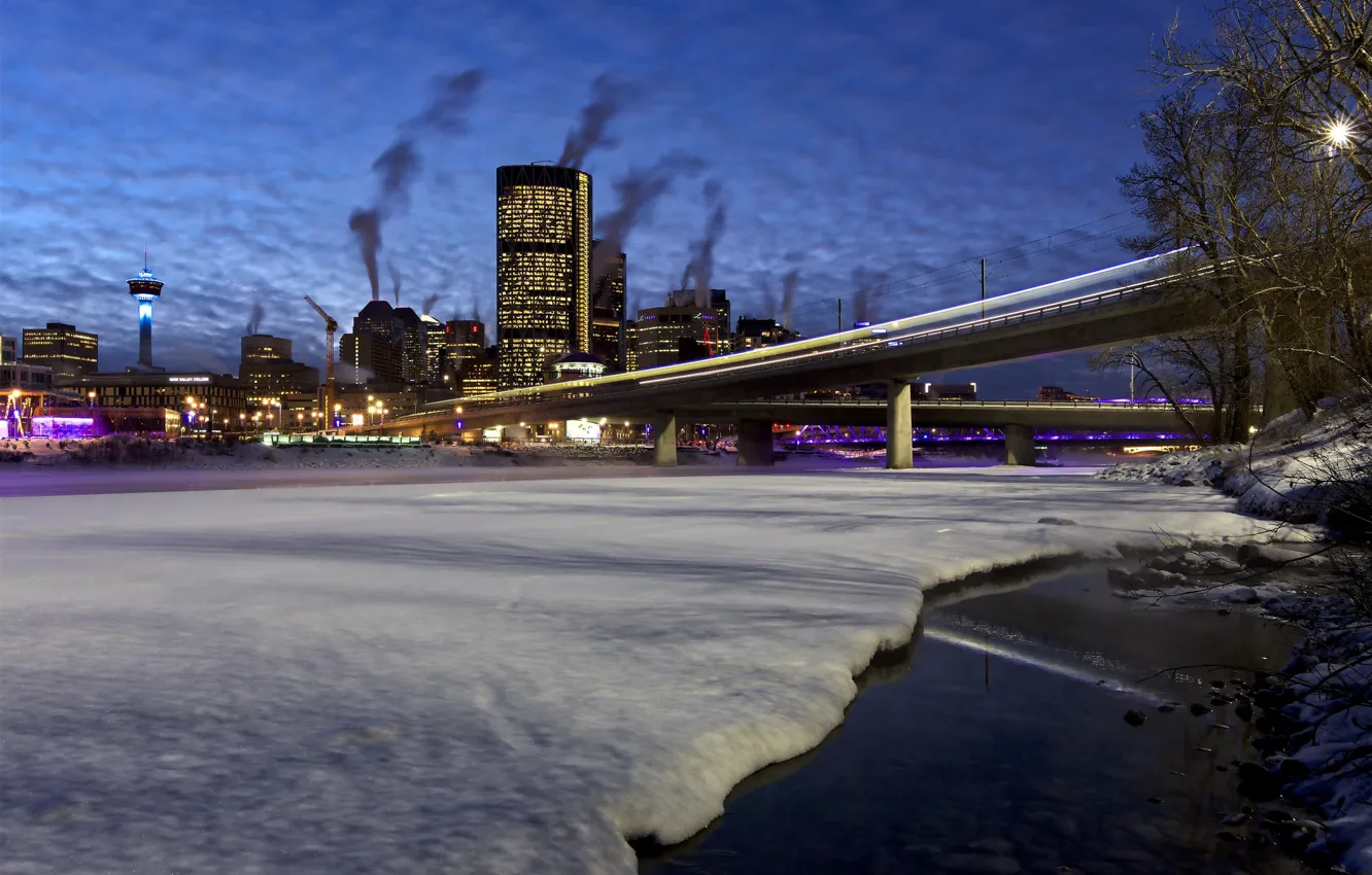 Photo wallpaper winter, bridge, the city, river, Canada, Calgary, Calgary
