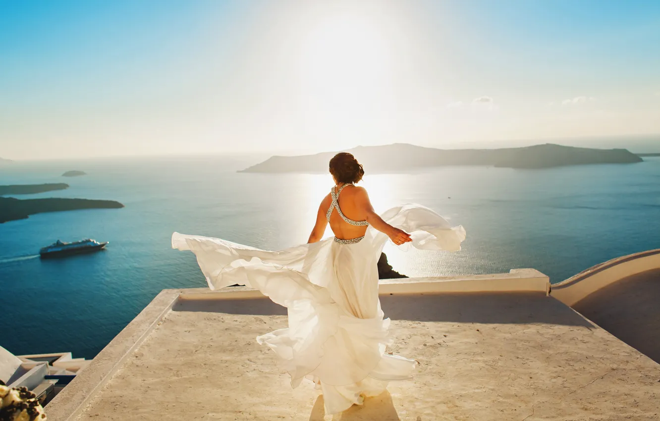 Photo wallpaper roof, sea, girl, the sun, ship, island, horizon, white dress