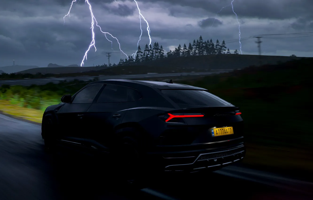 Photo wallpaper machine, landscape, lightning, Lamborghini, SUV, crossover, Urus, Lamborghini Urus