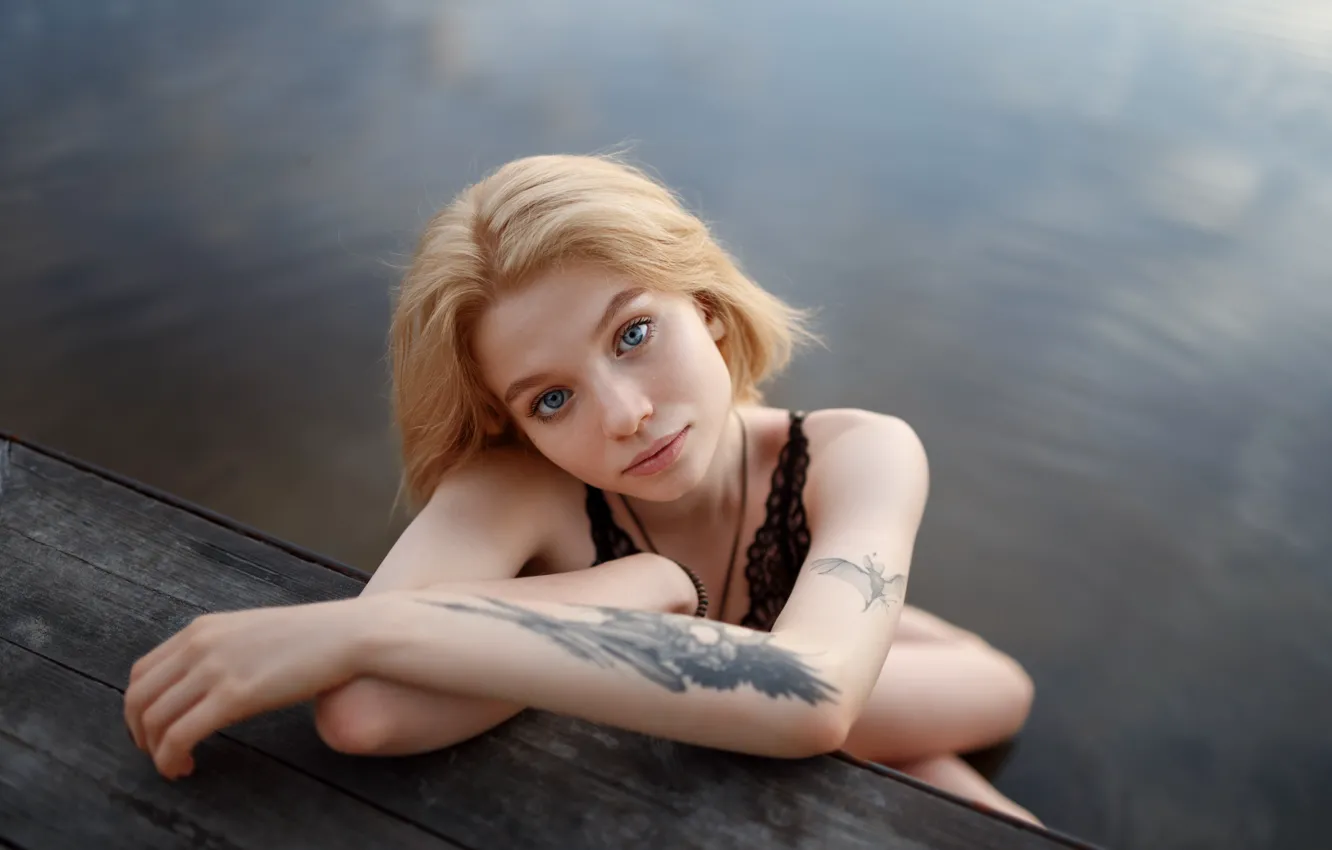 Photo wallpaper look, water, girl, pose, hands, tattoo, blonde, Ilya Shatokhin