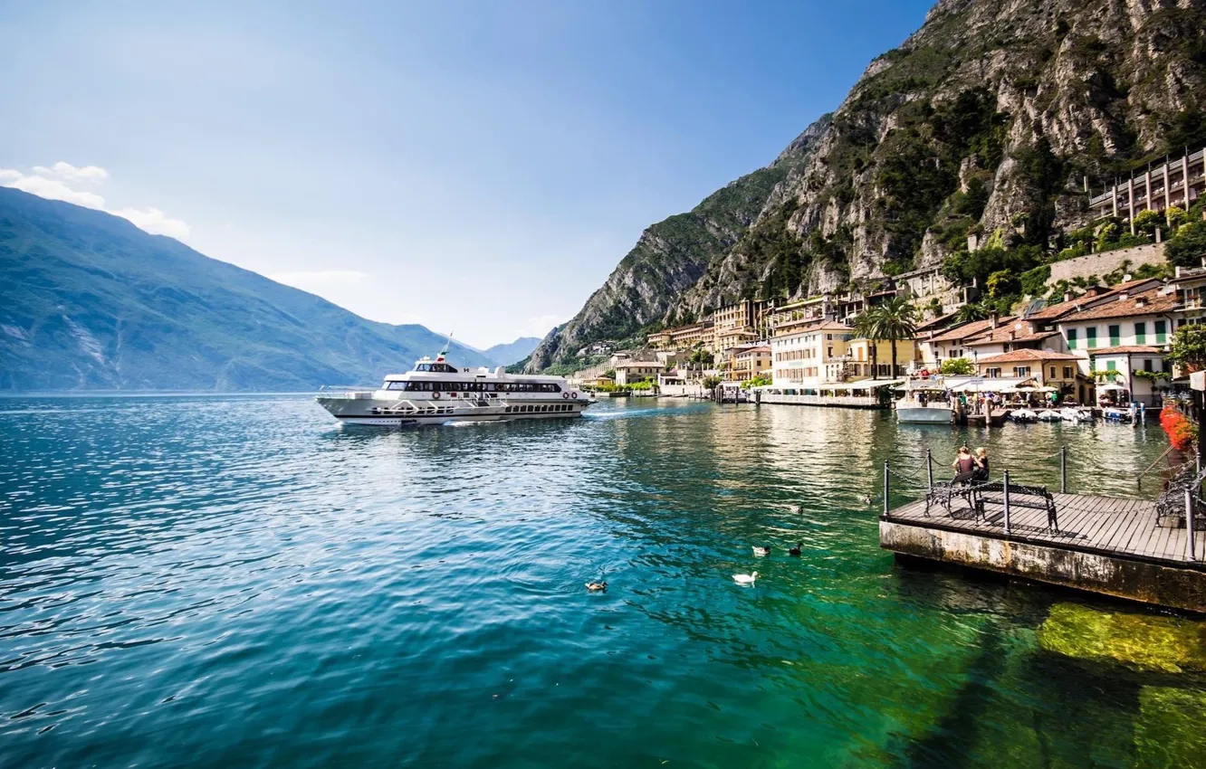 Photo wallpaper lake, home, boat, Italy, Garda