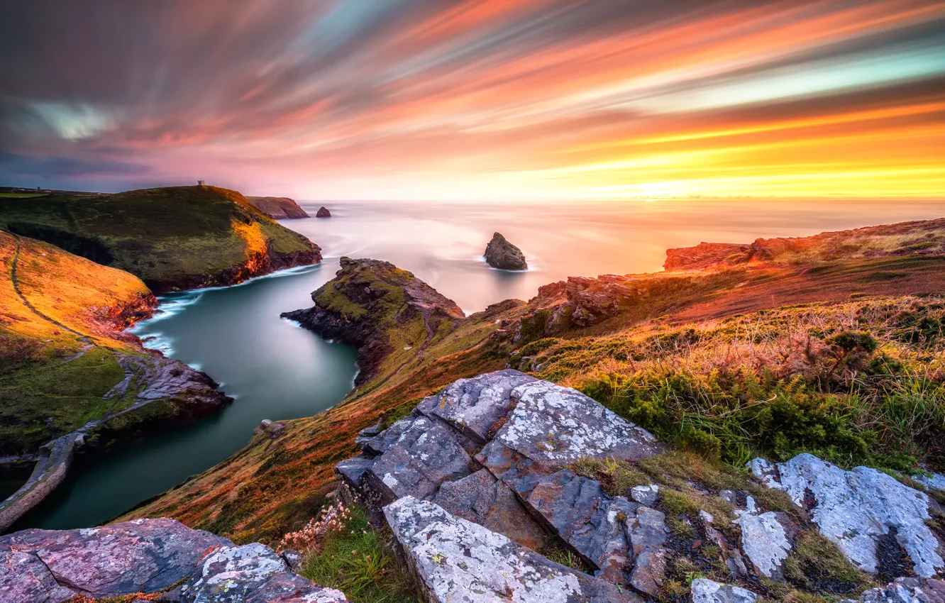 Photo wallpaper sea, sunset, stones, beauty