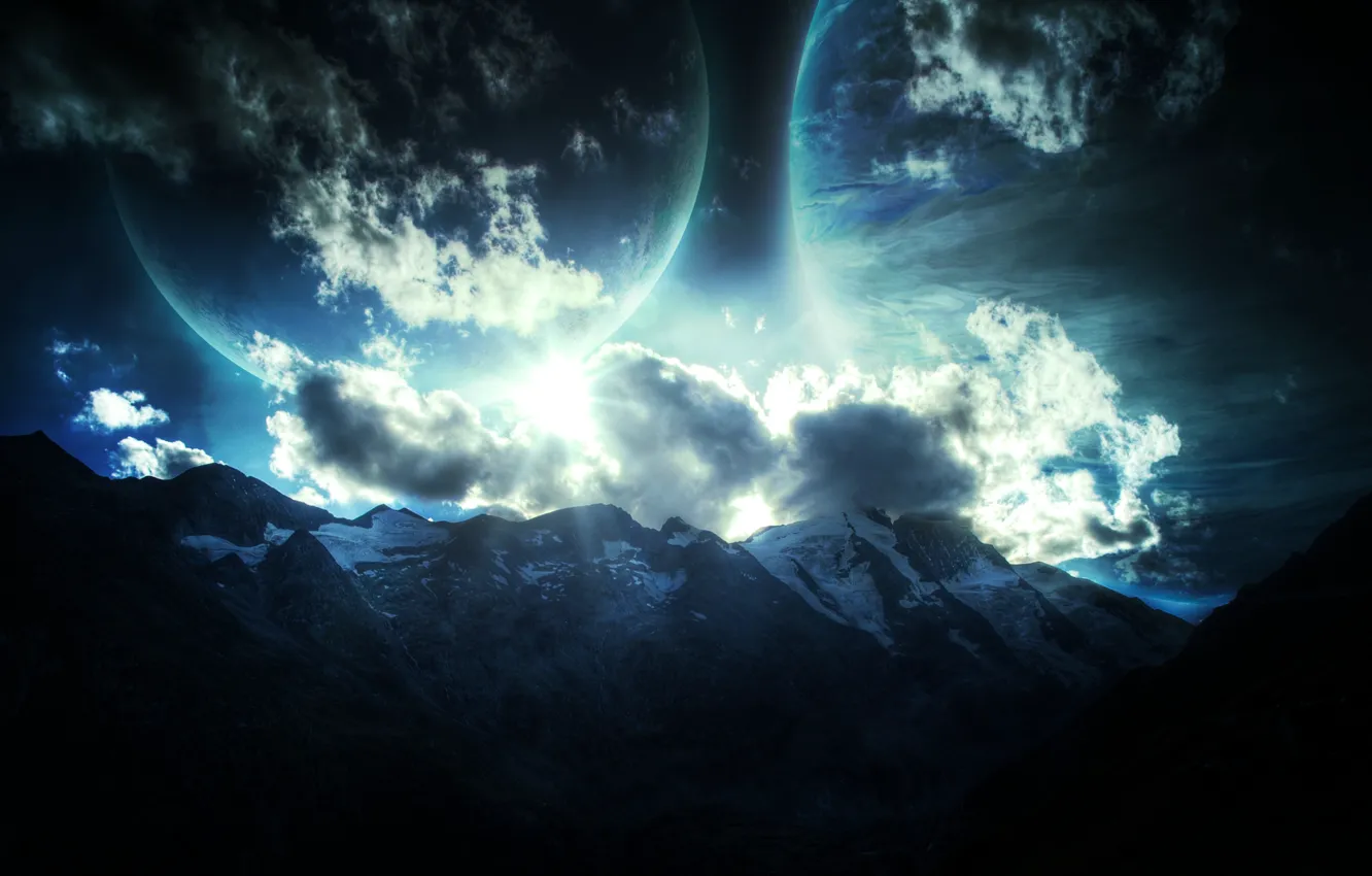 Photo wallpaper stars, mountains, planet, relief