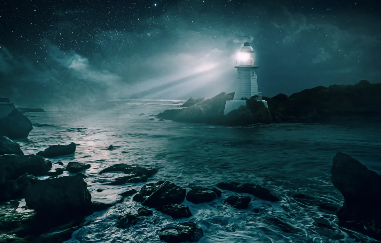 Photo wallpaper sea, wave, stars, light, night, lights, stones, rendering