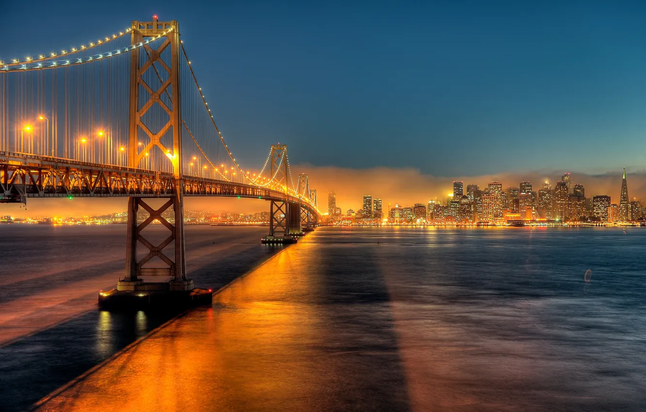 Photo wallpaper night, the city, lights, CA, San Francisco, USA, the Bay bridge, by JonBauer
