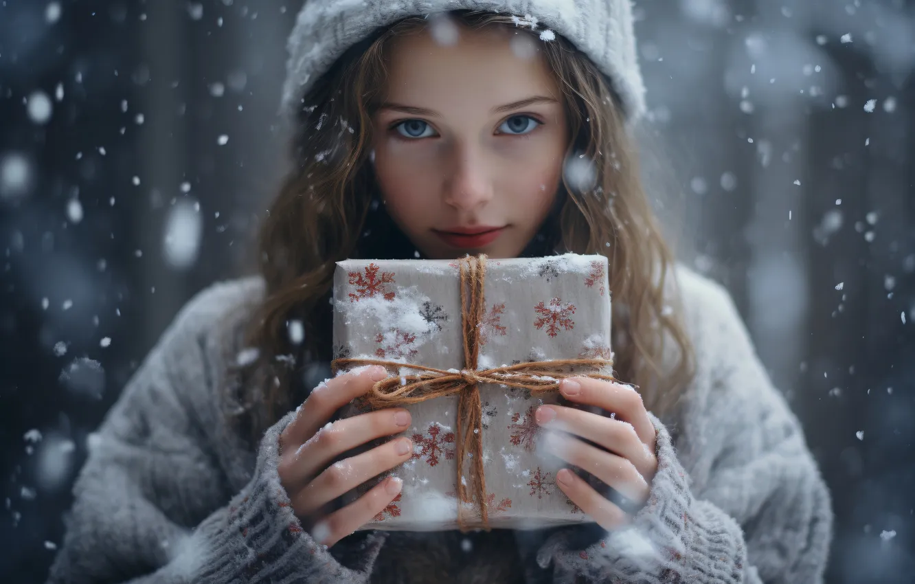 Photo wallpaper winter, forest, girl, snow, snowflakes, smile, Park, box