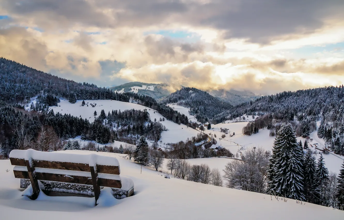Photo wallpaper winter, mountains, bench