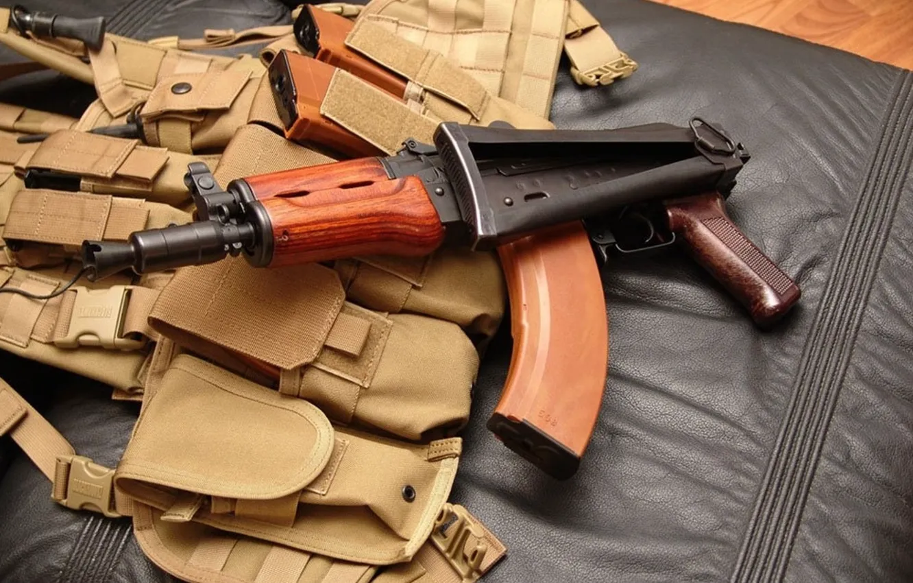 Photo wallpaper weapons, background, machine, Kalashnikov, stores, AKS74U, pouch
