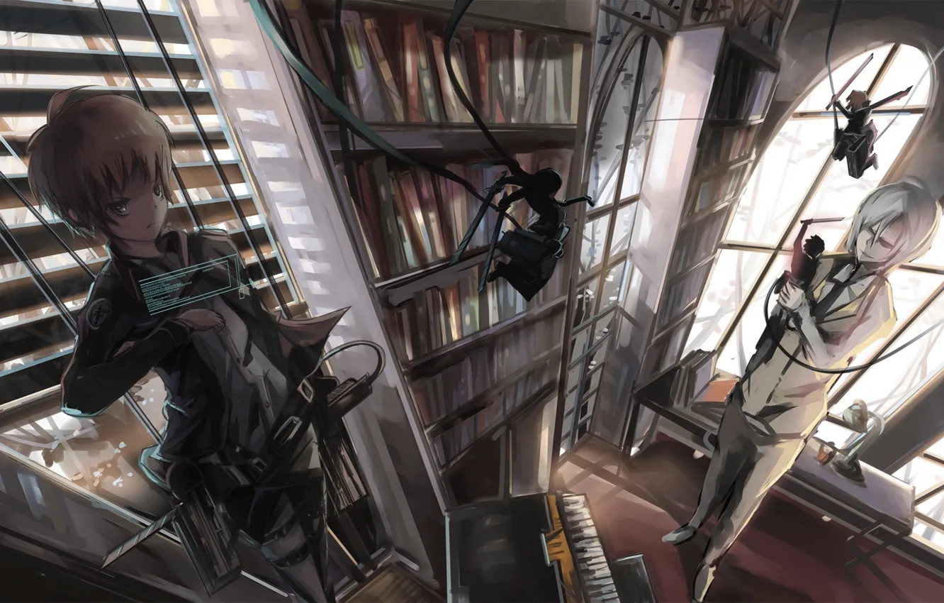 Photo wallpaper girl, weapons, room, books, anime, piano, art, guy