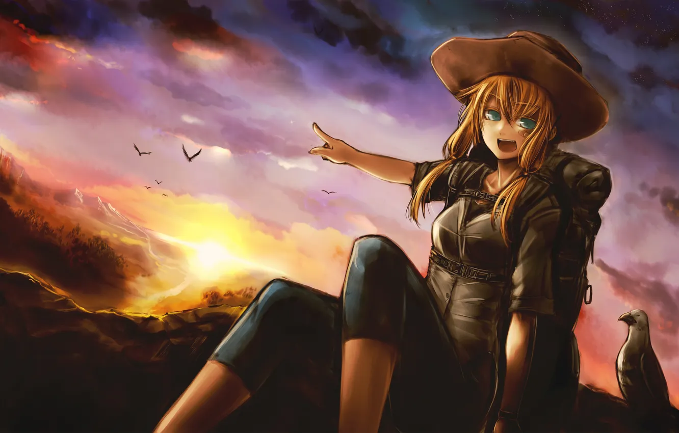 Photo wallpaper girl, joy, sunset, nature, art, kotoba noriaki