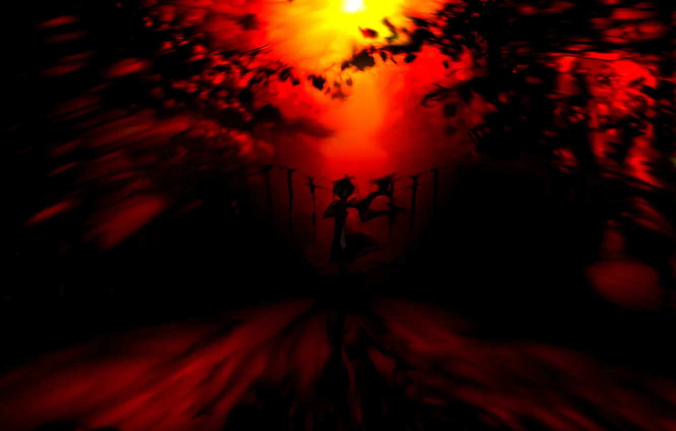 Photo wallpaper girl, trees, sunset, night, the fence, wings, art, touhou