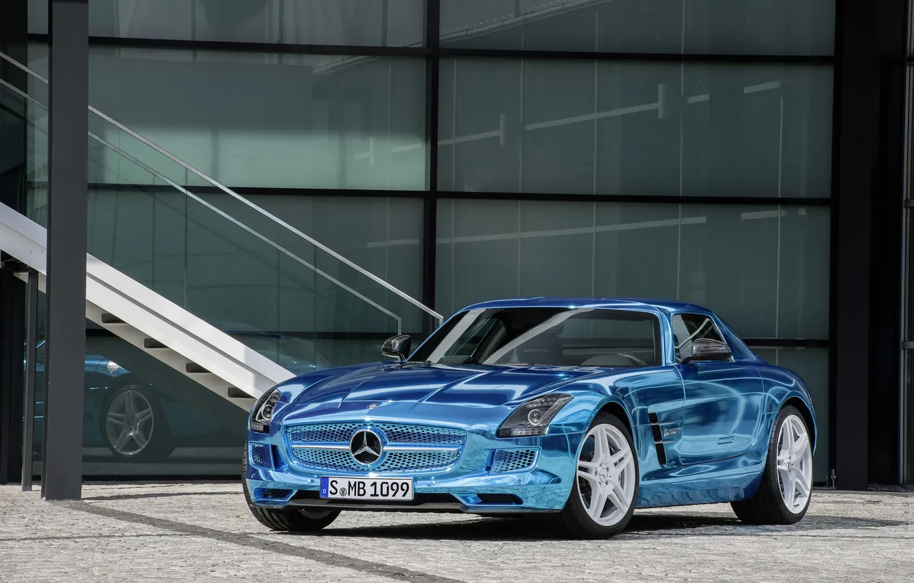Photo wallpaper auto, blue, Mercedes, sports car, Mercedes Benz, chrome, AMG, SLS