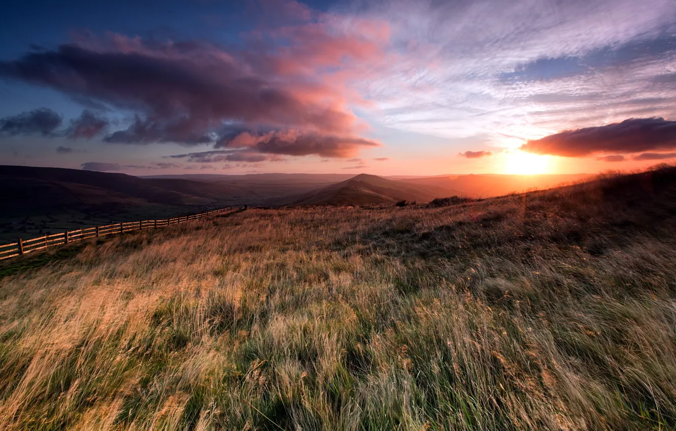 Photo wallpaper field, landscape, sunset, the fence