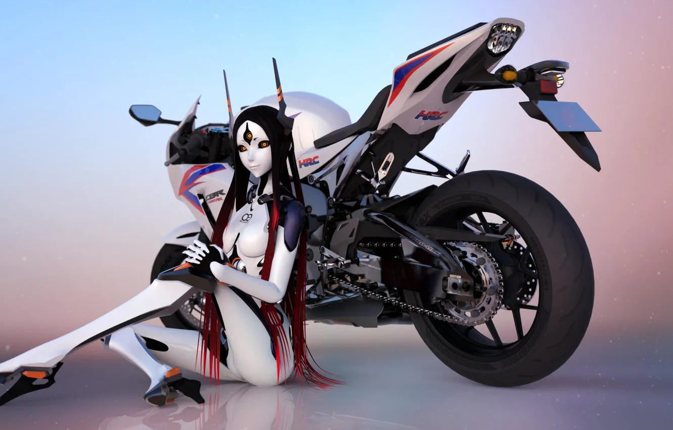 Photo wallpaper look, girl, background, robot, Bike, Android