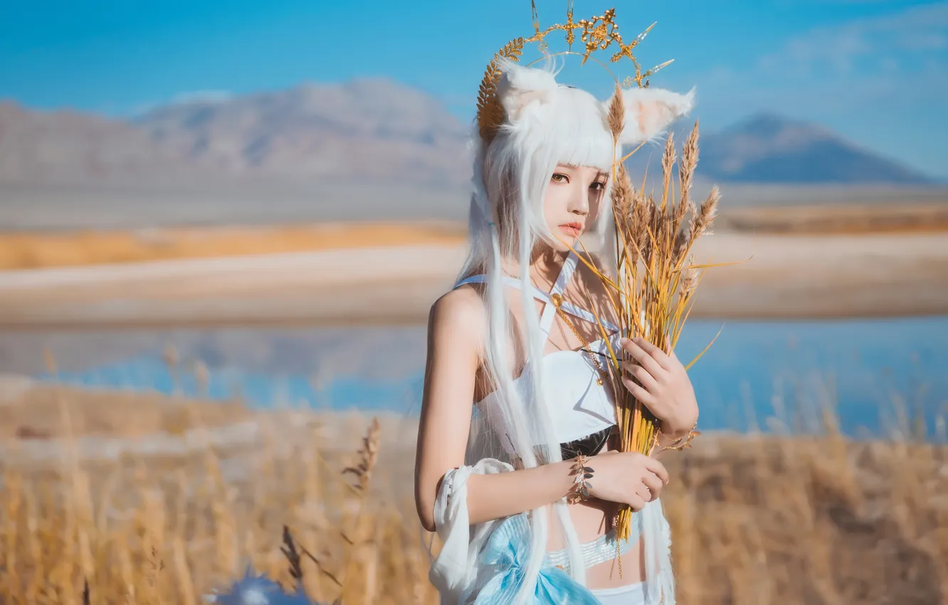 Photo wallpaper summer, sky, woman, animal ears, water, tail, beautiful, mountain