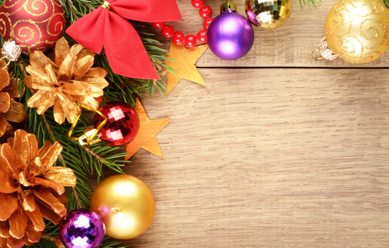 Photo wallpaper branches, balls, tree, bow, bumps, Christmas decorations