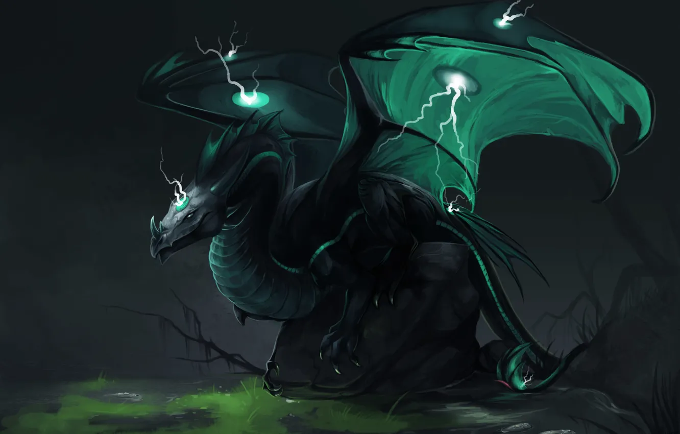 Photo wallpaper look, green, fiction, lightning, dragon, wings, art