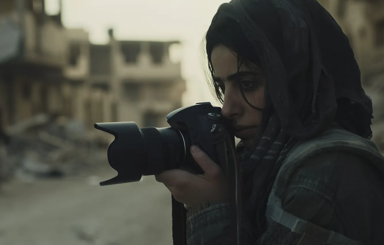 Photo wallpaper girl, home, the camera, devastation, digital art, AI art, The Art of Artificial Intelligence, War …