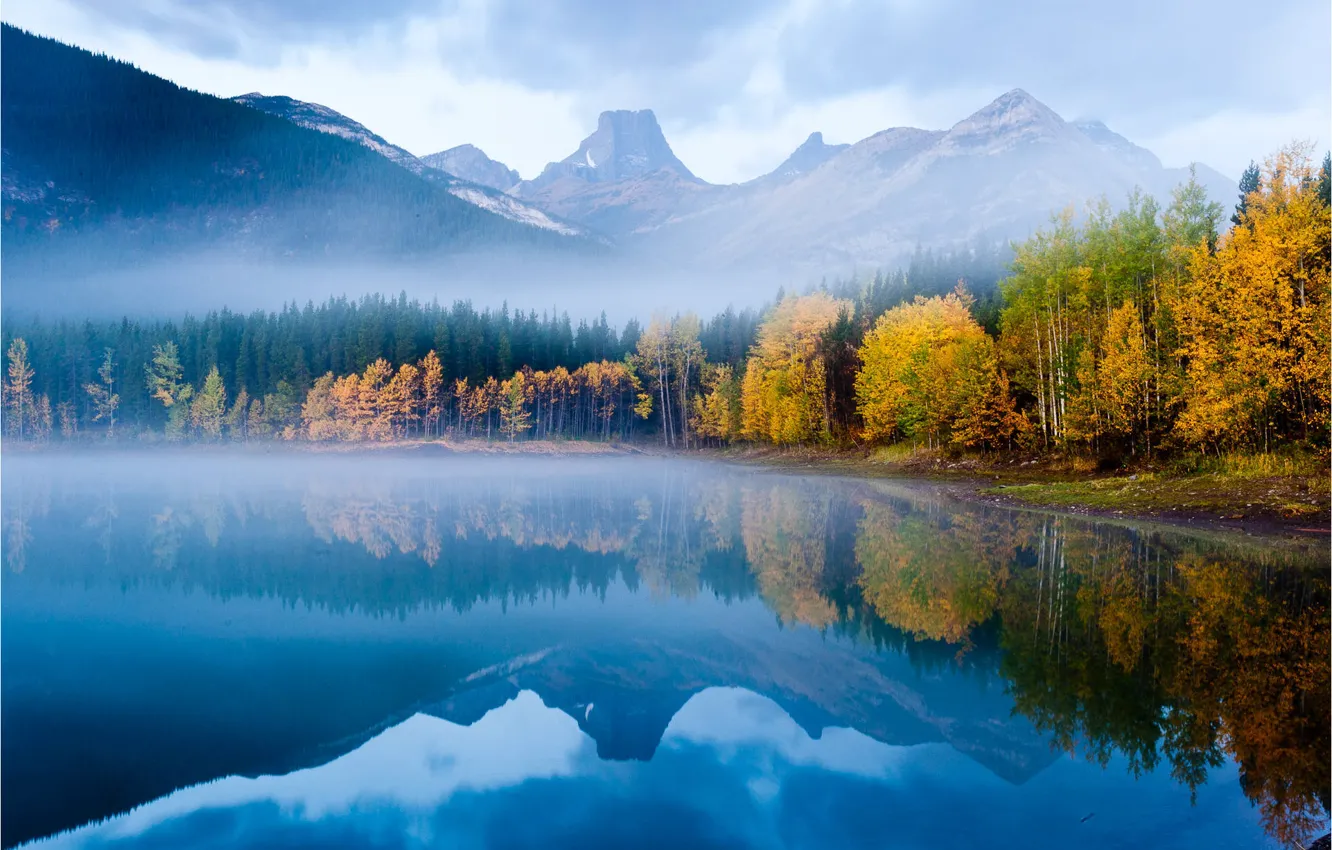 Photo wallpaper autumn, forest, nature, surface, reflection, tops, mountain lake