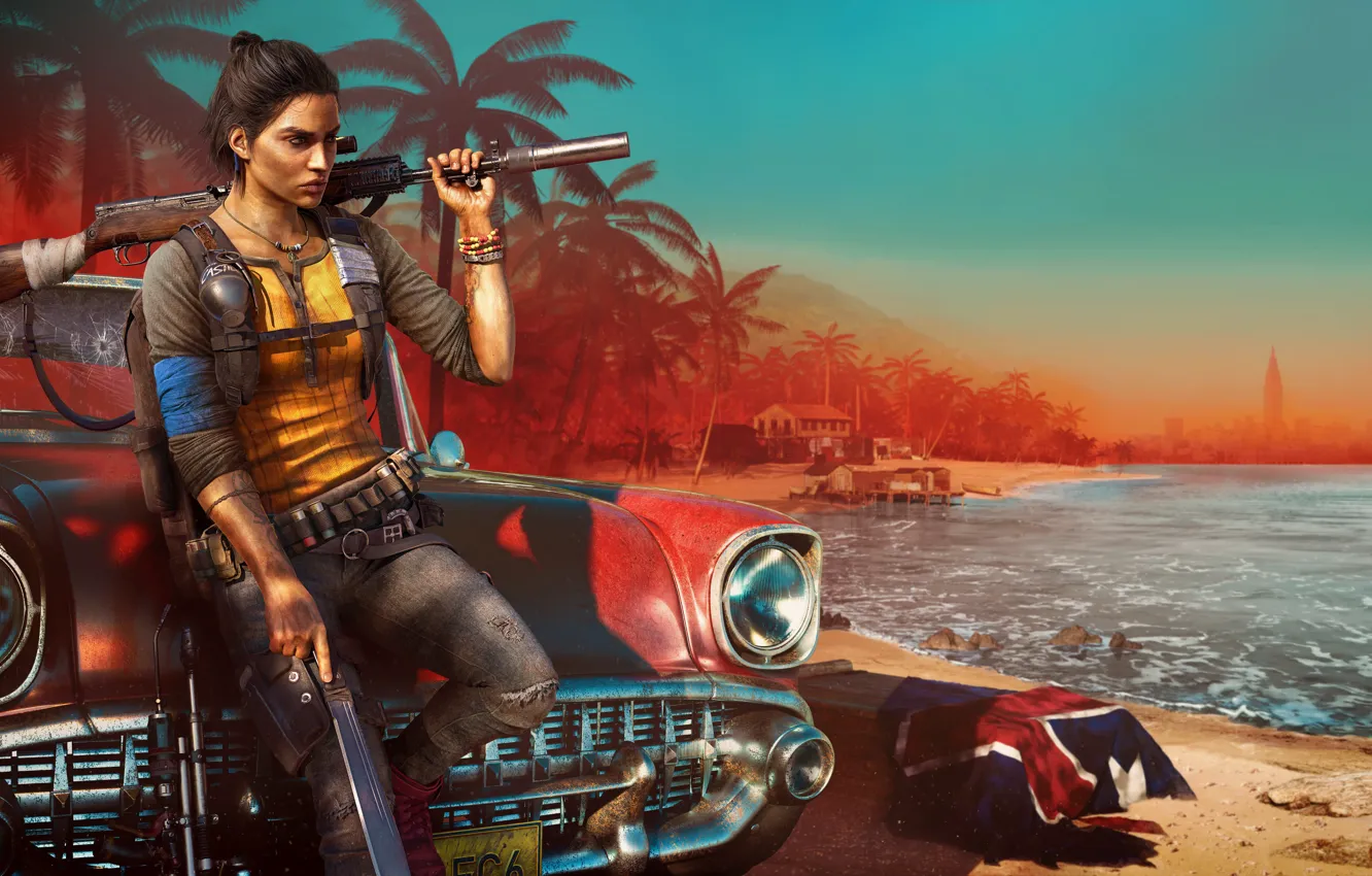 Photo wallpaper Girl, The game, Car, Ubisoft, Game, Rifle, Shooter, Far Cry 6