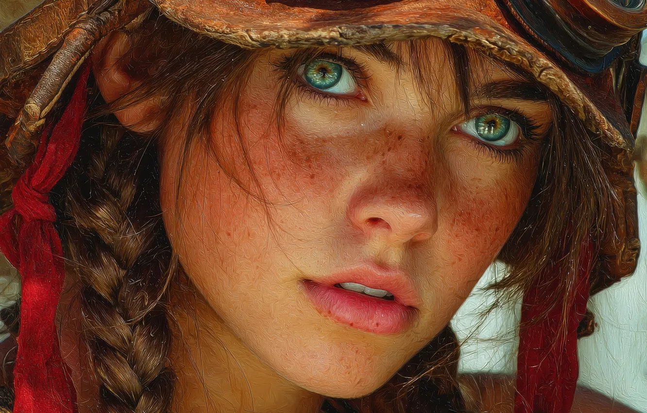 Photo wallpaper look, girl, face, hair, portrait, hat, freckles, braid