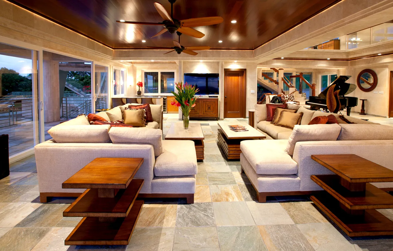 Photo wallpaper sofa, interior, pillow, piano, TV, table, table, living room