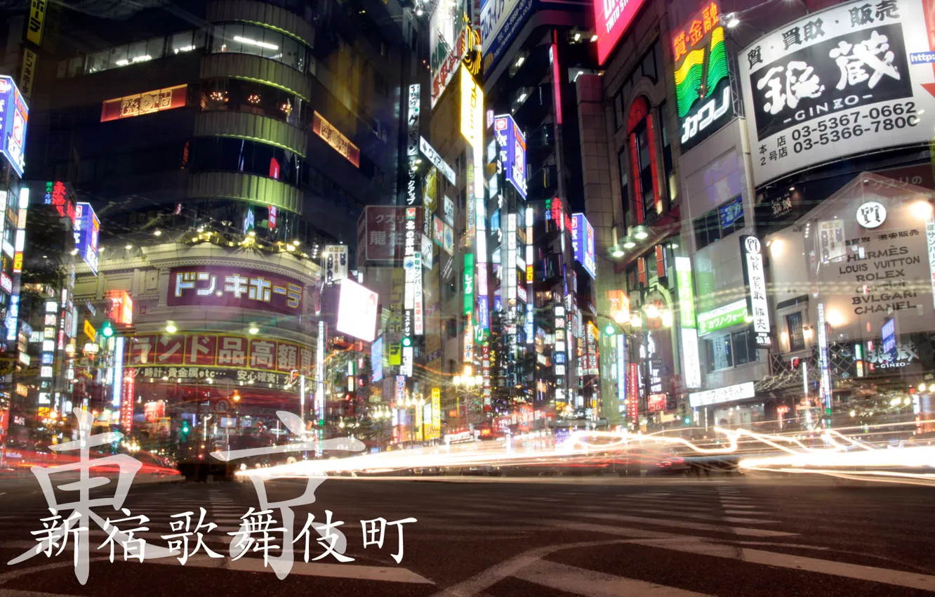 Photo wallpaper night, street, excerpt, crossroads, Tokyo, Japan, Shinjuku, neon lights