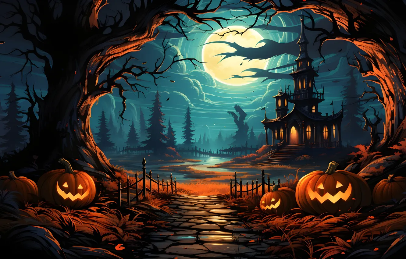 Photo wallpaper road, trees, night, clouds, lights, the moon, home, fence