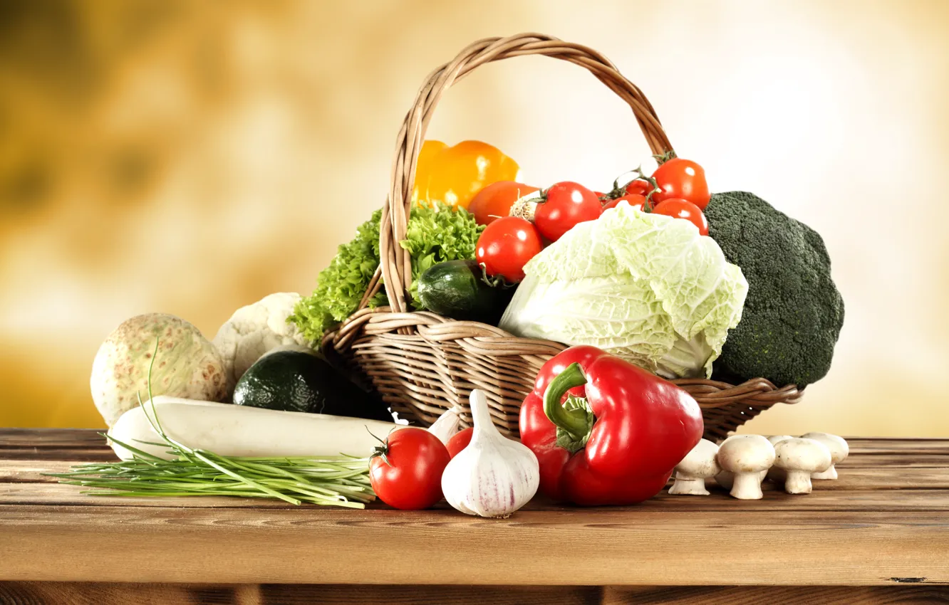 Photo wallpaper basket, mushrooms, pepper, vegetables, tomatoes, cabbage, cucumbers
