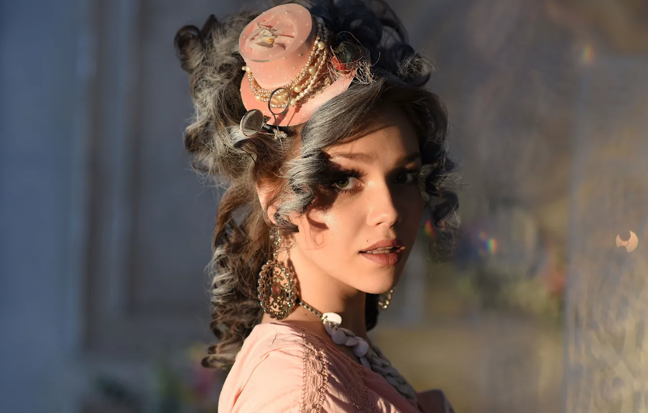 Photo wallpaper look, model, glasses, hairstyle, hat, curls, Lily Sands