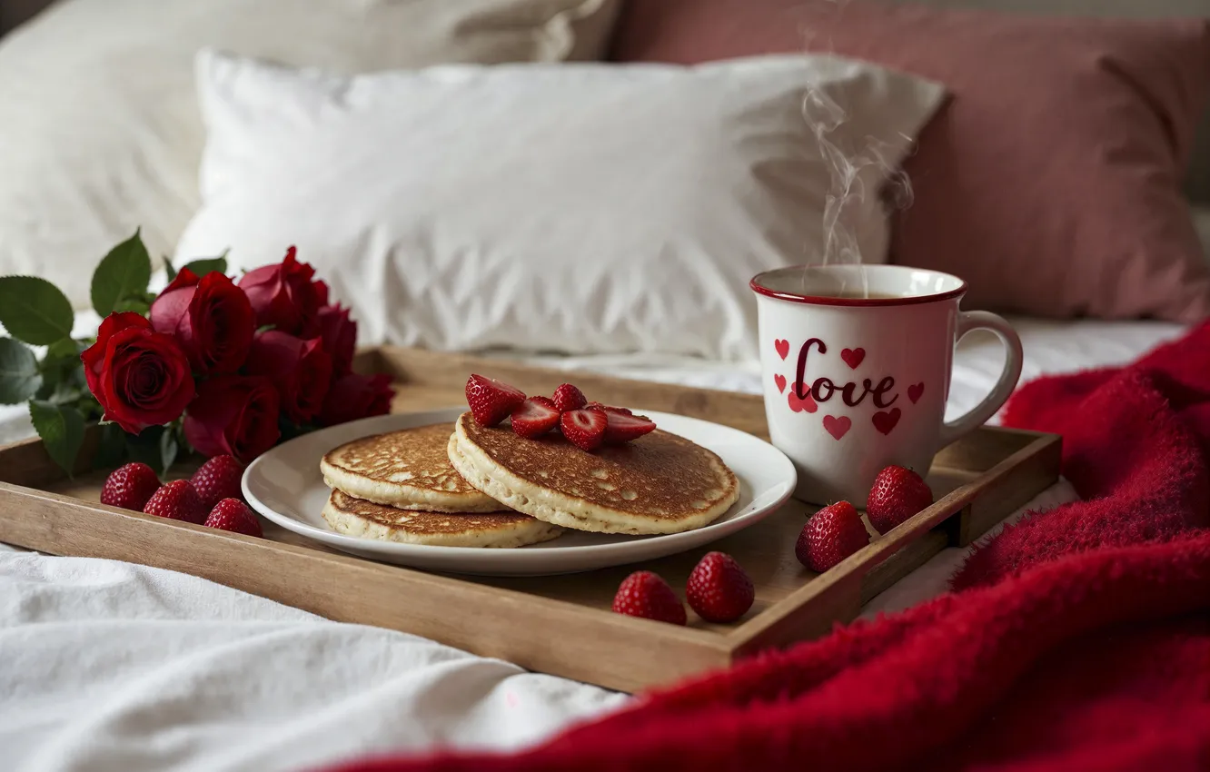 Photo wallpaper love, flowers, romance, heart, roses, Breakfast, love, pancakes