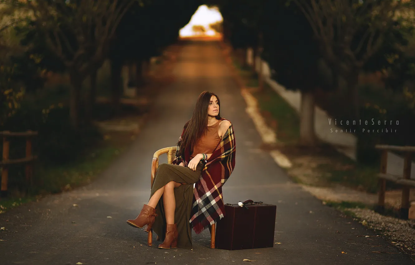 Photo wallpaper road, girl, suitcase, Marta Belda
