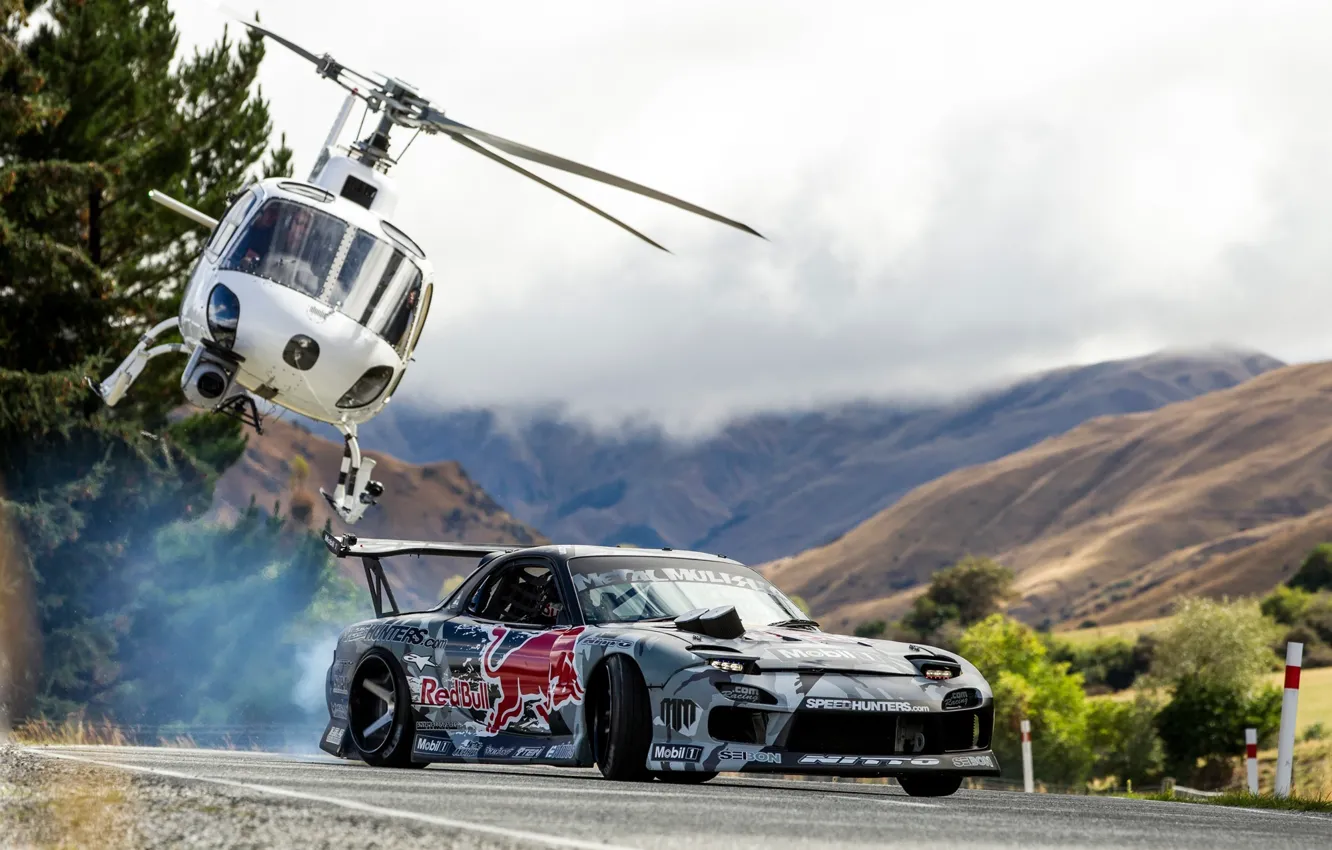 Photo wallpaper Mountains, Drift, Mazda, Drift, Red Bull, Mountain, Helicopter, Helicopter