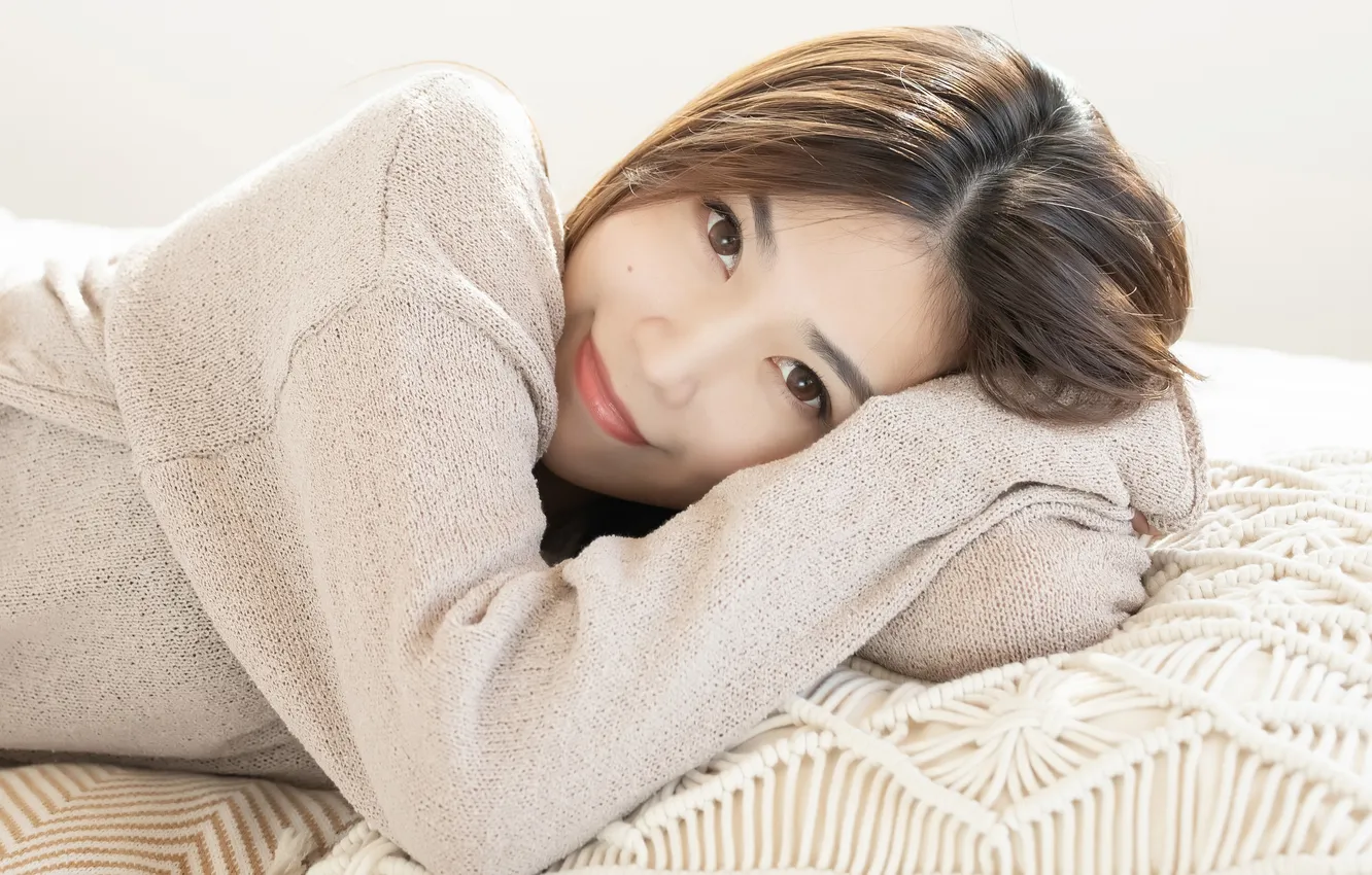 Photo wallpaper look, pose, model, portrait, makeup, hairstyle, lies, brown hair