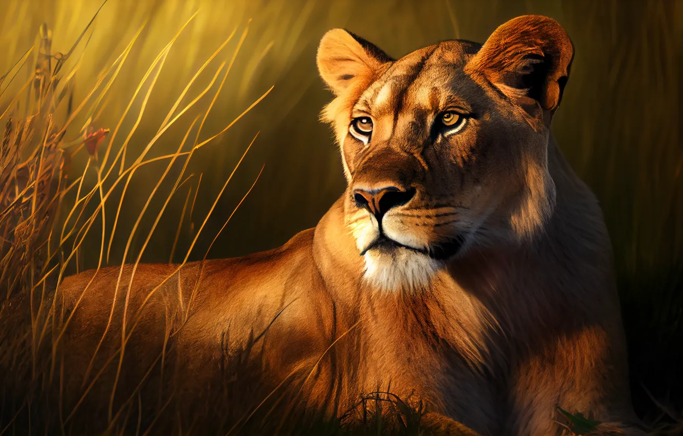 Photo wallpaper Grass, Look, Lioness, Face, Digital art, Big cat, Ears, Predator